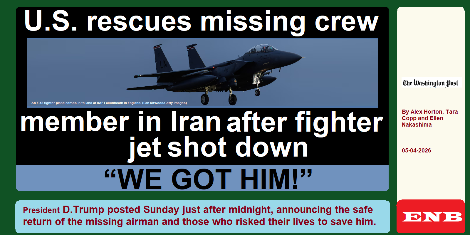 U.S. rescues missing crew member