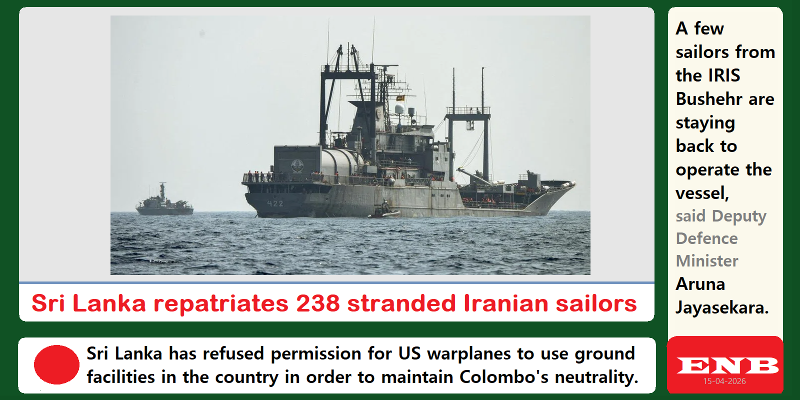 Sri Lanka repatriates 238 stranded Iranian sailors: Minister