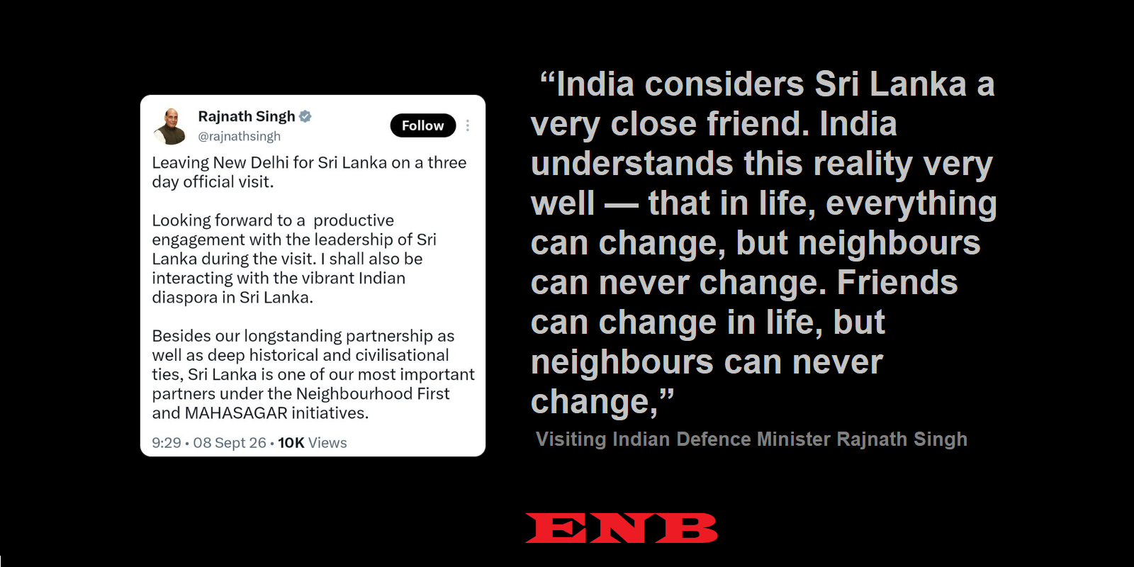 India will stand with Sri Lanka in any crisis - Indian Defence Minister